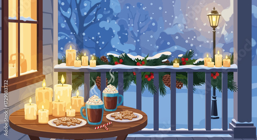 Cozy winter scene with candles, hot chocolate, cookies, and snowy landscape ambiance outdoor