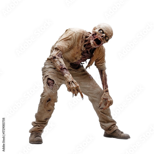 Terrifying zombie in tattered clothing menacingly reaches forward