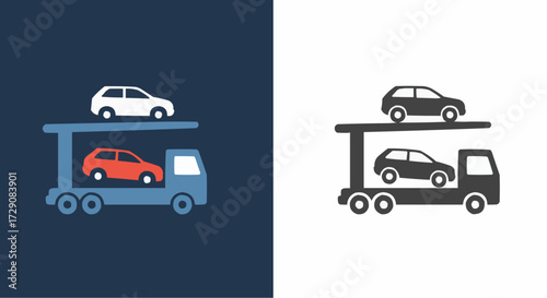 Illustration of a car carrier truck transporting two cars on a two tone background display image