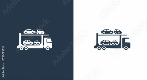 Illustration of a car carrier truck transporting four vehicles on a split background design element