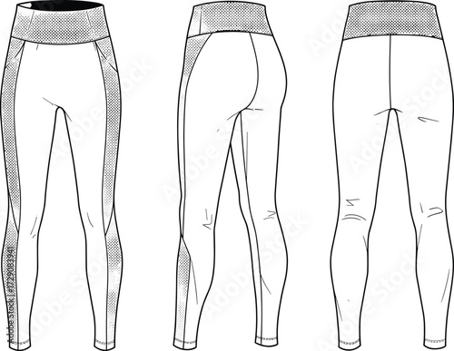 High-Waisted Side Panel Leggings Fashion Flat CAD Drawing Vector Illustration for Activewear Tech Pack and Technical Specification.