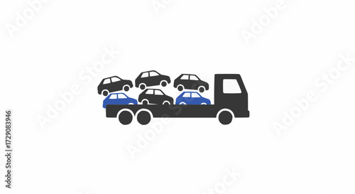 Illustration of a black car carrier truck transporting six cars with a white background scene view