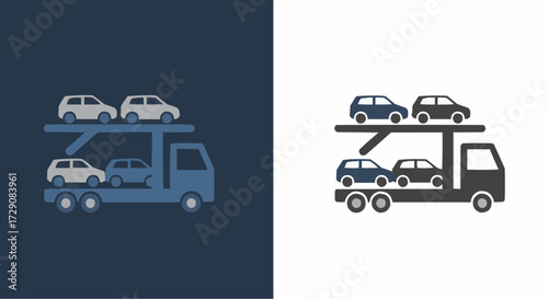 Illustration of a car carrier truck with four cars shown in two color variations side by side