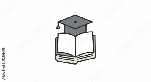 Graduation cap resting atop an open book signifying academic achievement and educational success ahead