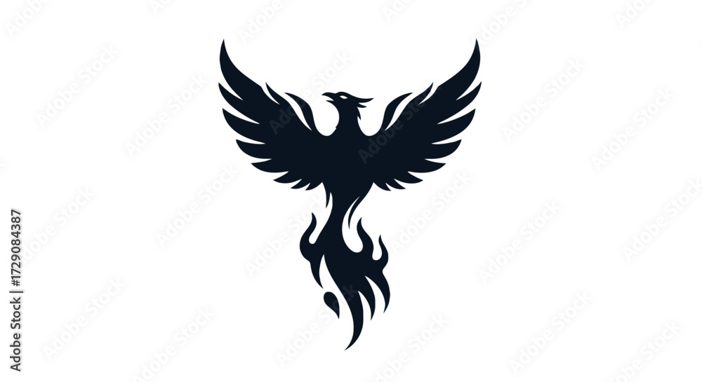 Fototapeta premium Stylized black silhouette of a mythical phoenix bird rising from flames with wings spread wide.