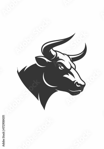 A powerful and aggressive black bull head with sharp horns, depicted in a stylized, graphic illustration.
