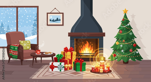 Cozy christmas eve scene with fireplace gifts and illuminated christmas tree indoor