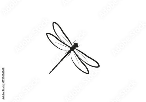 A minimalist black and white line art drawing of a delicate dragonfly with outstretched wings on a clean white background.