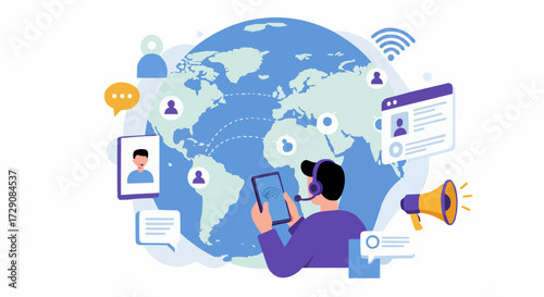 Global communication network with customer service and online digital marketing concept design present