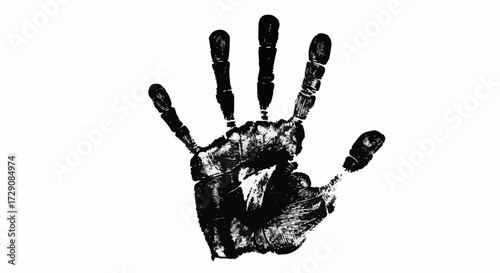 Black handprint on white background showing fingers and palm in detailed ink impression style art