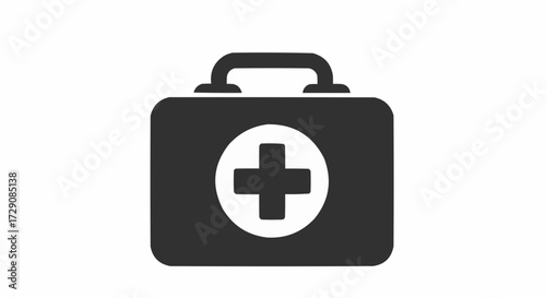 Illustration of a black first aid kit with a white cross in the center on a white background