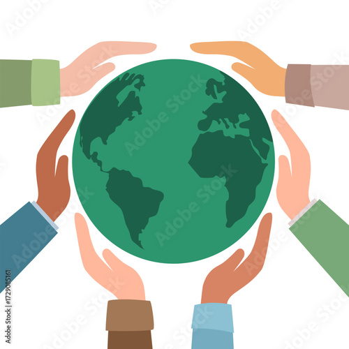 Environment saving, traveling, protecting earth concept. Two human hands holding planet Earth taking care of nature and ecology, supporting ecology vector illustration