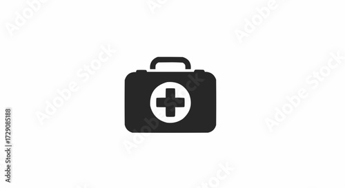 Illustration of a black first aid kit with a white cross on it placed in the center of the box shape