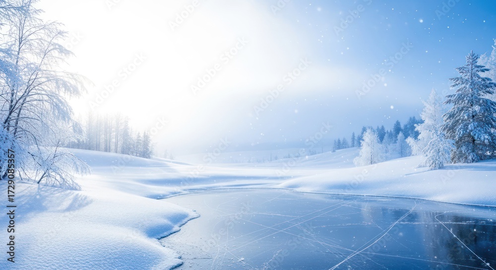 Naklejka premium Icy lake in a snowy winter landscape with covered trees and hills
