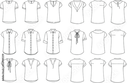 Women's Casual and Office Tops Assortment Technical Flat Vector CAD Drawing Set: Blouse Design Template Collection with Various Necklines and Sleeves Fashion