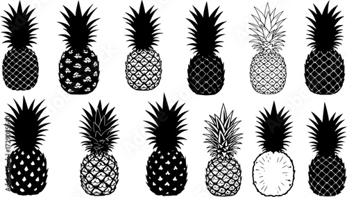 Twelve stylized black and white pineapple illustrations set. Diverse tropical fruit designs with unique patterns and silhouettes, perfect for graphic design elements and summer themes.