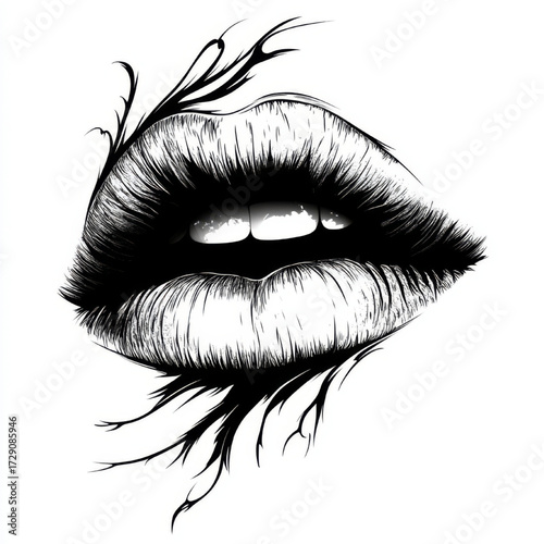 Stylized Detailed Lips with Thorns, seductive black and white, representing passion or allure.