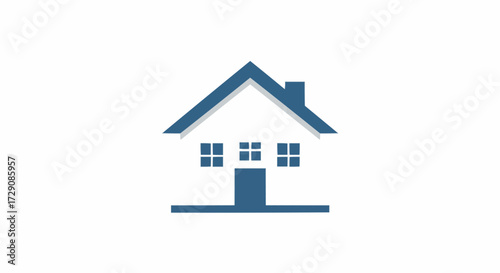 Illustration of a simple house with a roof, chimney, three windows and a door in blue color scheme