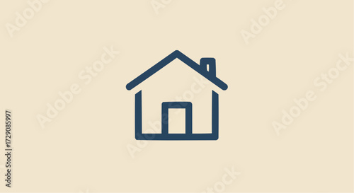 Simple dark blue outline of a house with a chimney and a door on a cream colored background image