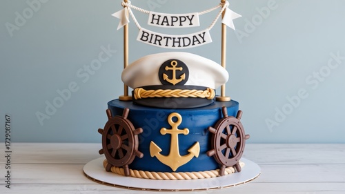 Nautical birthday cake with captain's hat and ship wheels makes celebrations unforgettable