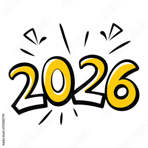 Brightly colored hand drawn illustration of the year 2026 with sparkles and bursting rays symbolizing celebration and future excitement