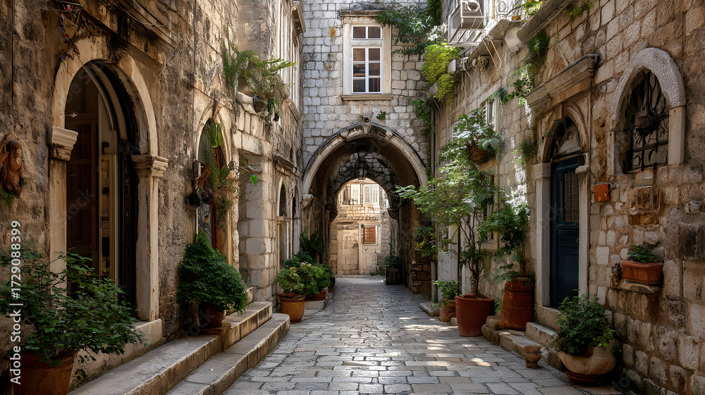 Fototapeta premium Sun-drenched European alleyway with stone architecture, arches, and lush greenery