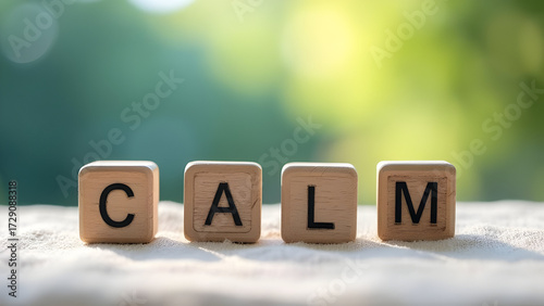 The word CALM on wooden letter blocks in a serene natural setting. A concept image for mindfulness, meditation, relaxation, and mental peace with a green bokeh background.
