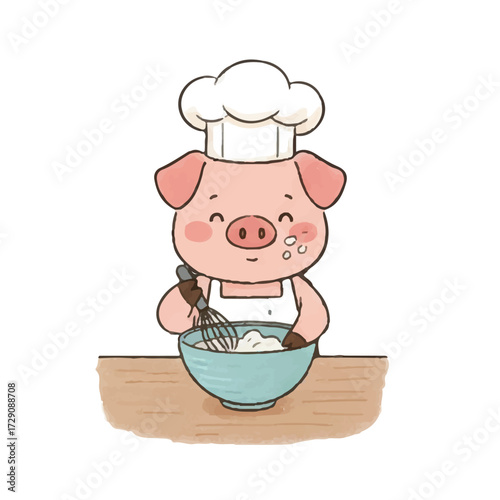 Cute Pig Chef Cooking Illustration