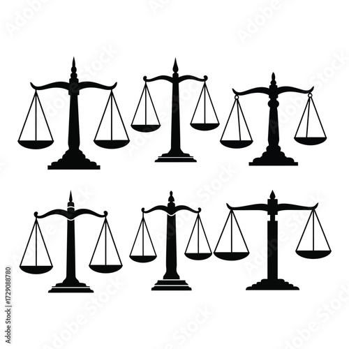 Set of balance scales icons representing justice law and equilibrium symbolizing fairness and judgment silhouette