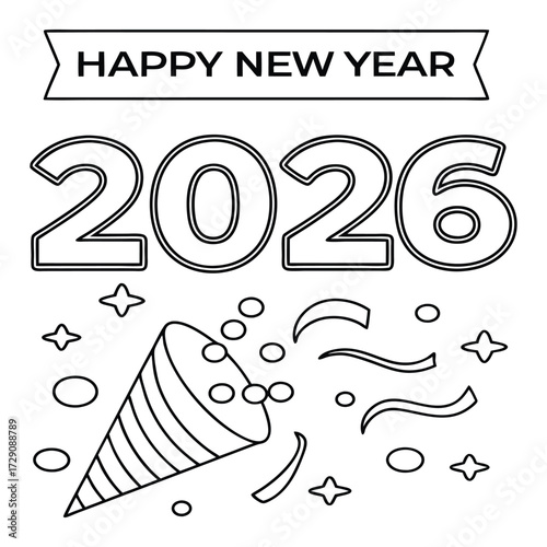 Happy new year 2026 coloring page featuring a party popper exploding with confetti and streamers stars and the year in large outline font for children to color and celebrate