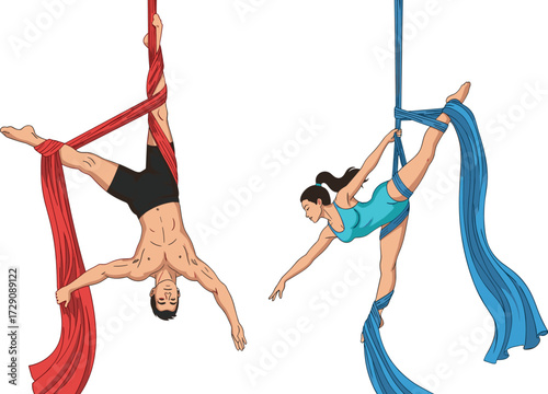 Male and female acrobats performing aerial silk dance, professional circus performance, gymnastic strength training, artistic fitness workout, flexibility, balance, entertainment show