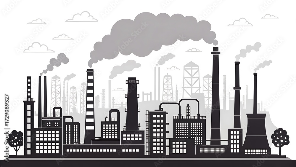 Fototapeta premium An illustration of an industrial factory emitting smoke into the city skyline against the urban backdrop