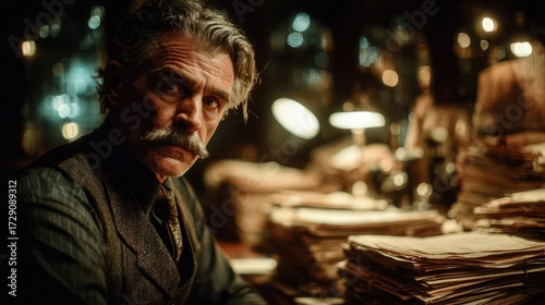 An intense older man with a mustache sits at a desk piled high with old documents.