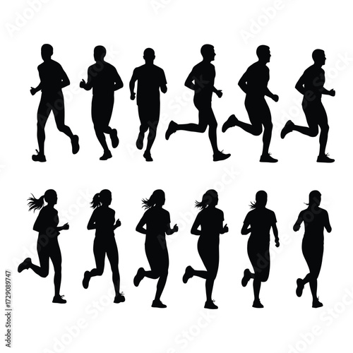 Collection of silhouettes of men and women running in different poses for fitness and sports silhouette