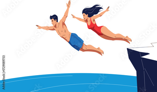 Adventure couple cliff diving into ocean water, extreme summer activity, freedom lifestyle, outdoor travel, beach holiday, adrenaline sports, jumping fun, exploration