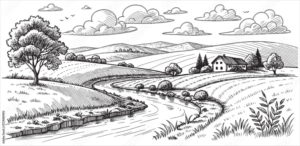 Fototapeta premium Hand-drawn rural landscape with winding river, farmhouse on horizon, trees and hills, detailed vector 