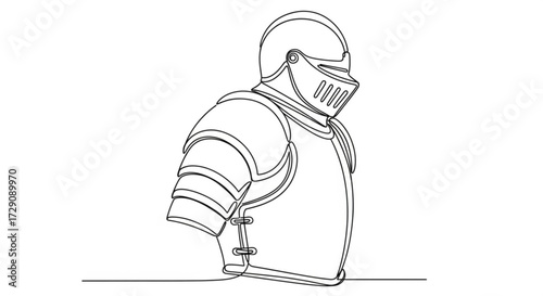 Line art illustration of a medieval knight in armor, showcasing detailed helmet and breastplate, emphasizing strength and valor in a minimalist design concept	
