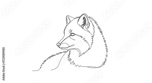 Line art illustration of a fox's head in profile, showcasing intricate details of fur texture and facial features, emphasizing the elegance of wildlife in minimalist design	