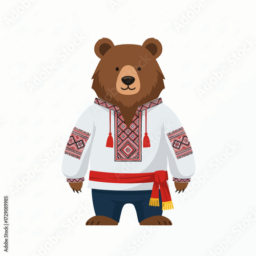 Cute cartoon bear wearing traditional Ukrainian embroidered shirt.