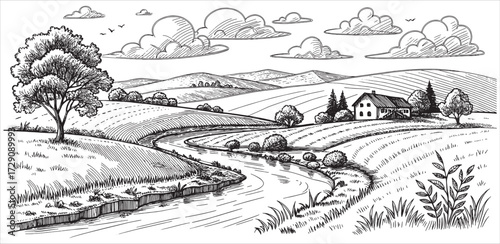 Hand-drawn rural landscape with winding river, farmhouse on horizon, trees and hills, detailed vector 