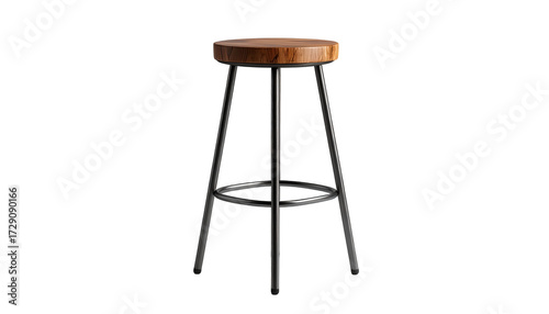 This photograph showcases a stylish, modern bar stool with a circular wooden seat and sleek, metallic legs.
