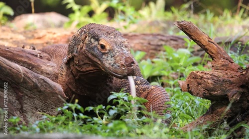 Komodo Dragon flicking its forked tongue. Komodo dragons flick their tongues to detect scents in the air using the Jacobson's organ in the roof of their mouths. 