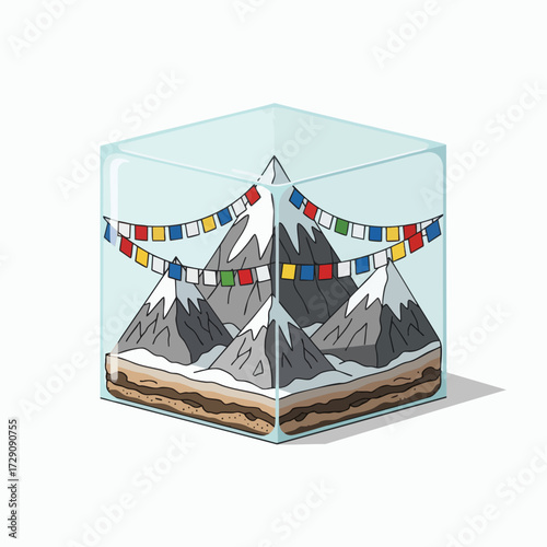 Himalayan Mountains in a Glass Cube with Prayer Flags.