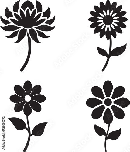 Group of waterlily, sunflower, daisy silhouette vector art with leaf on water illustration