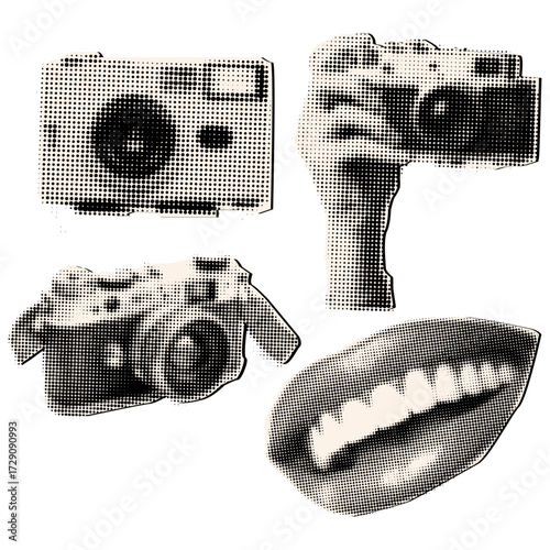 Halftone vintage old camera ,smiling mouth and camera in hand,cut out elements from magazine