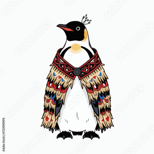 Majestic Emperor Penguin Adorned in Intricate Tribal Feathered Garment.