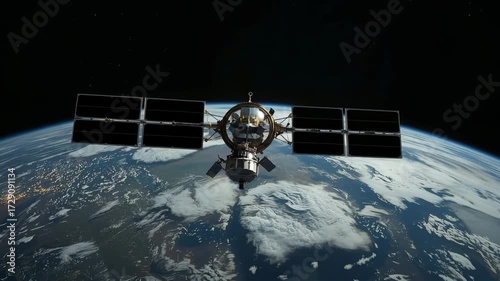 Satelite space station in orbit above planet Earth, space science