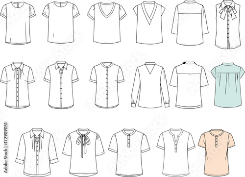 Women's Blouses and Shirts Variety Technical Flat Vector CAD Drawing Set: Apparel Design Template Collection with Different Necklines and Sleeves Fashion