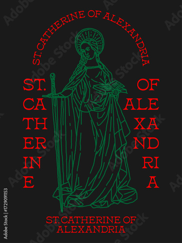 Line drawing of classical sculptures from ancient times. St.Catherine of Alexandria. Illustration graphic design.