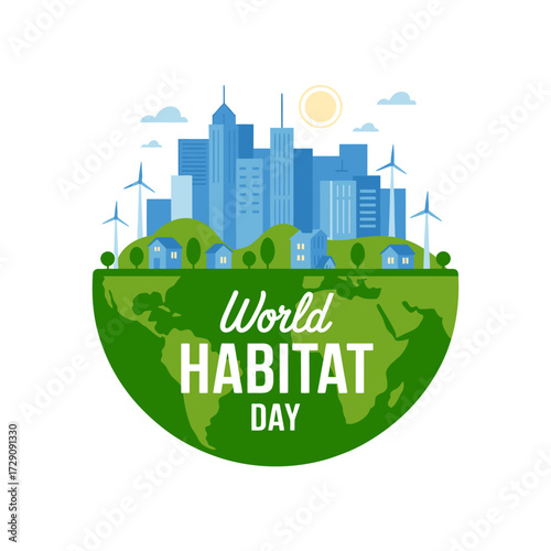 World Habitat Day illustration showcasing urban development and sustainable energy solutions for a greener future